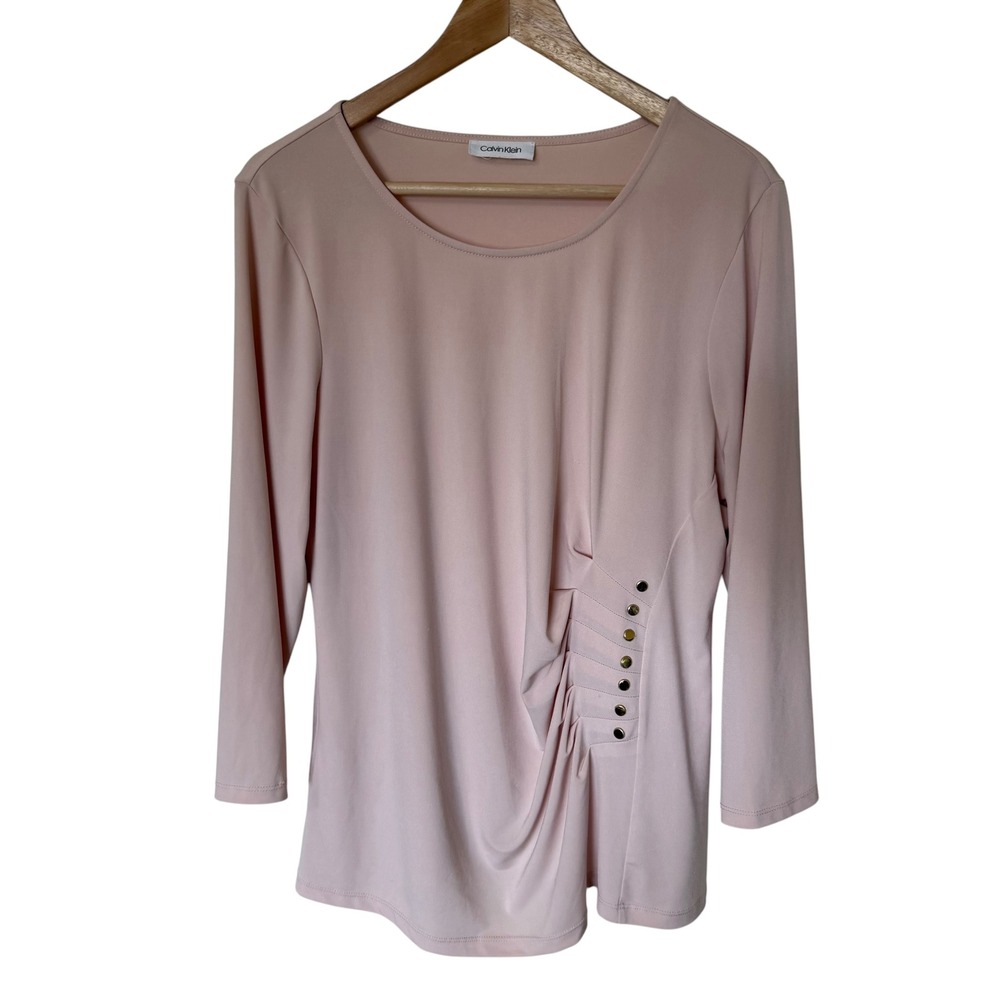 Calvin Klein Top Women Large Pink Good Ruched Side Gold Studs 3/4 Sleeve Blouse